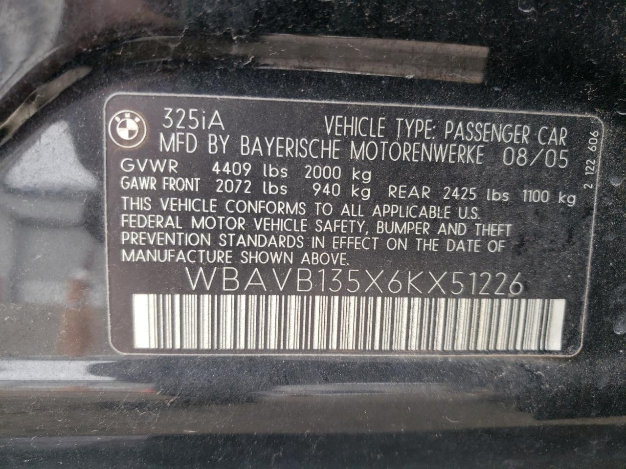 Photo 10 from auction – 2006 BMW 325 I with VIN WBAVB135X6KX51226