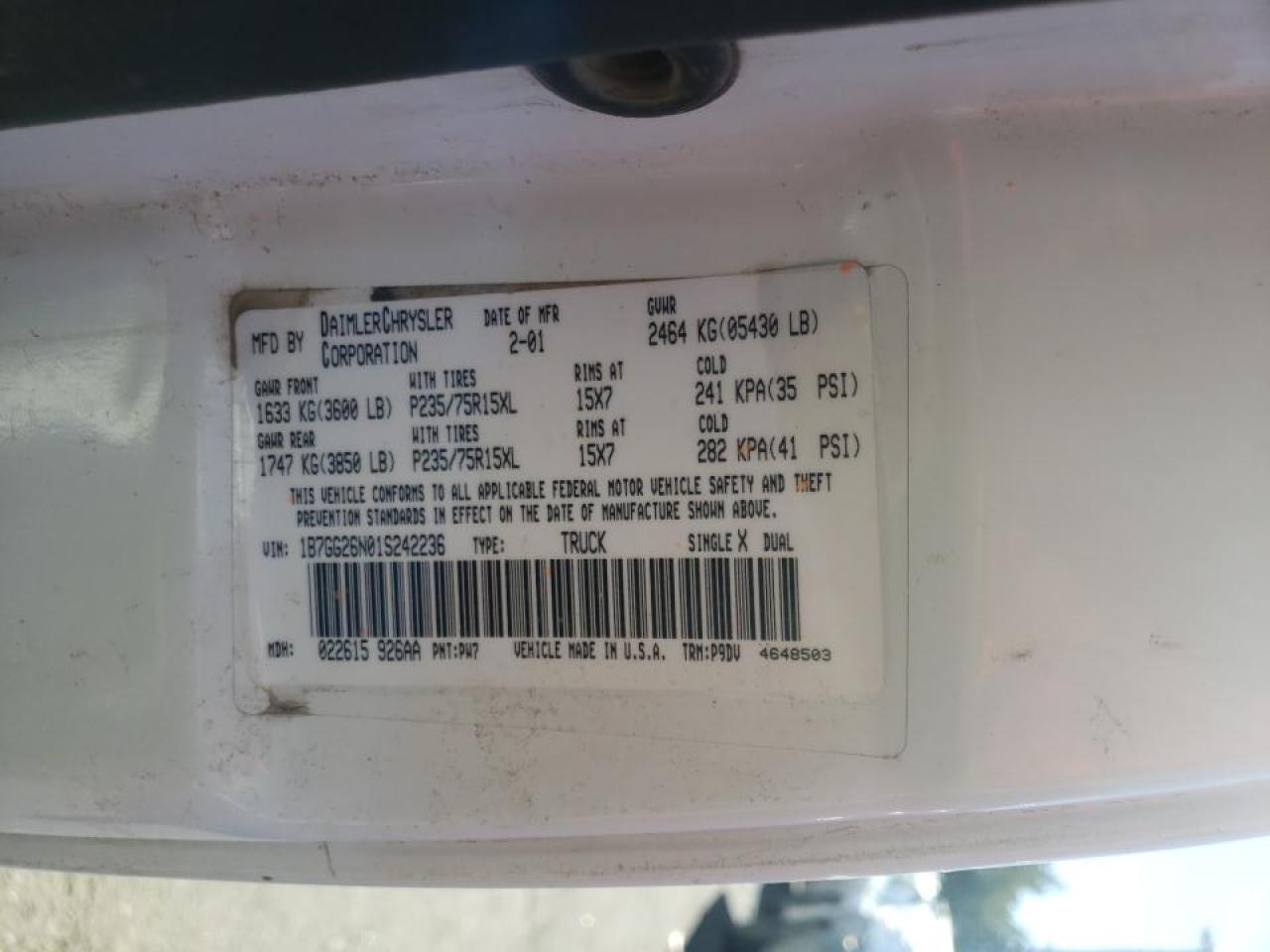 Photo 10 from auction – 2001 DODGE DAKOTA with VIN 1B7GG26N01S242236