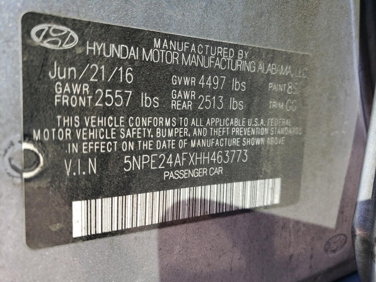 Photo 10 from auction – 2017 HYUNDAI SONATA SE with VIN 5NPE24AFXHH463773