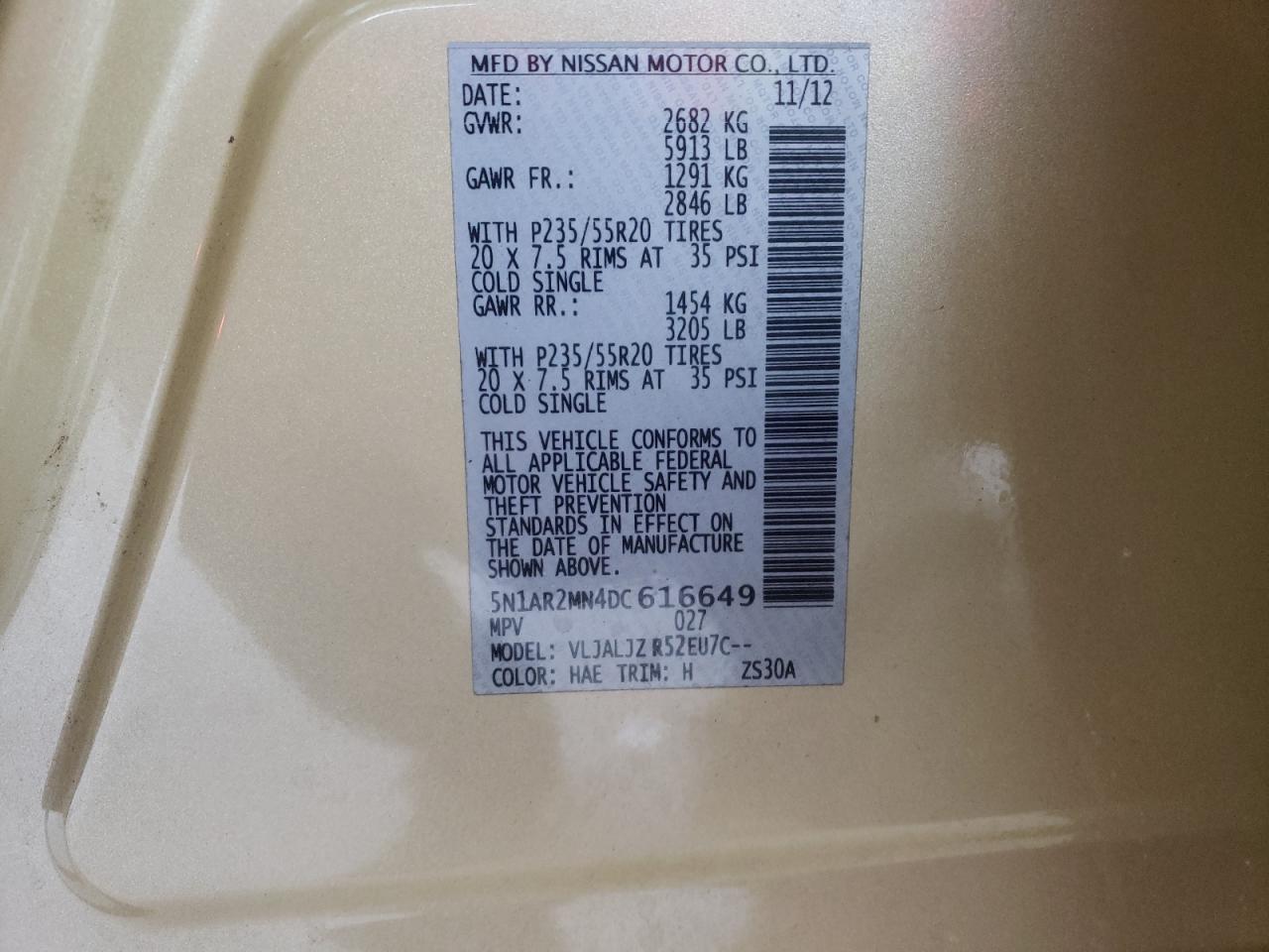 Photo 10 from auction – 2013 NISSAN PATHFINDER with VIN 5N1AR2MN4DC616649