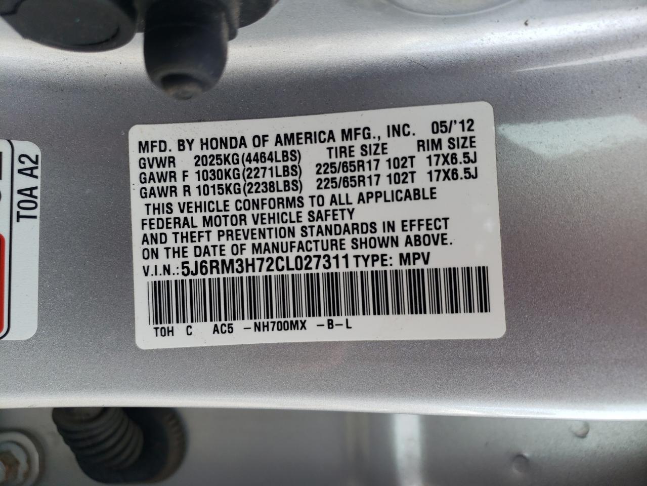 Photo 10 from auction – 2012 HONDA CR-V EXL with VIN 5J6RM3H72CL027311