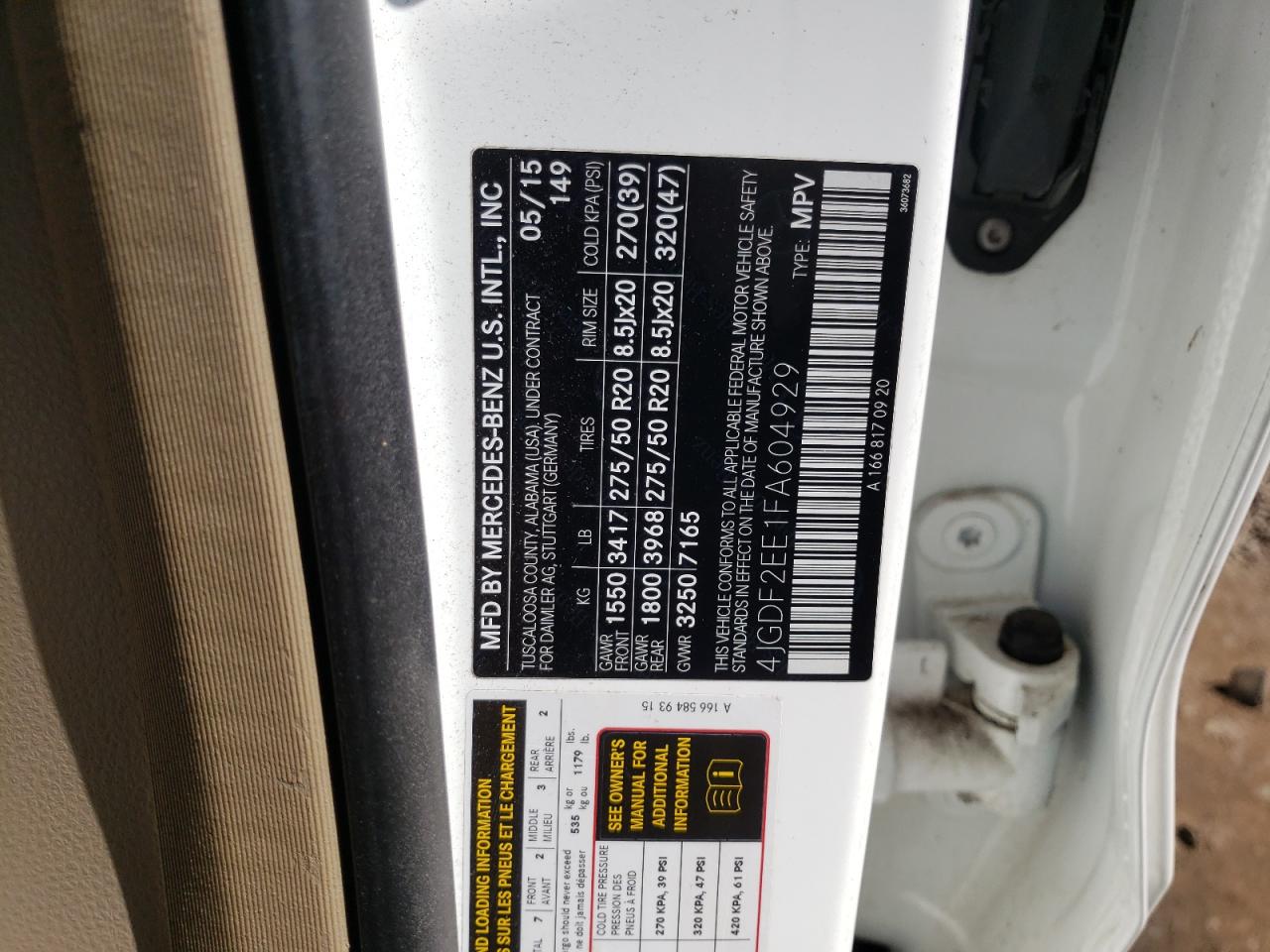 Photo 10 from auction – 2015 MERCEDES-BENZ GL 350 BLU with VIN 4JGDF2EE1FA604929