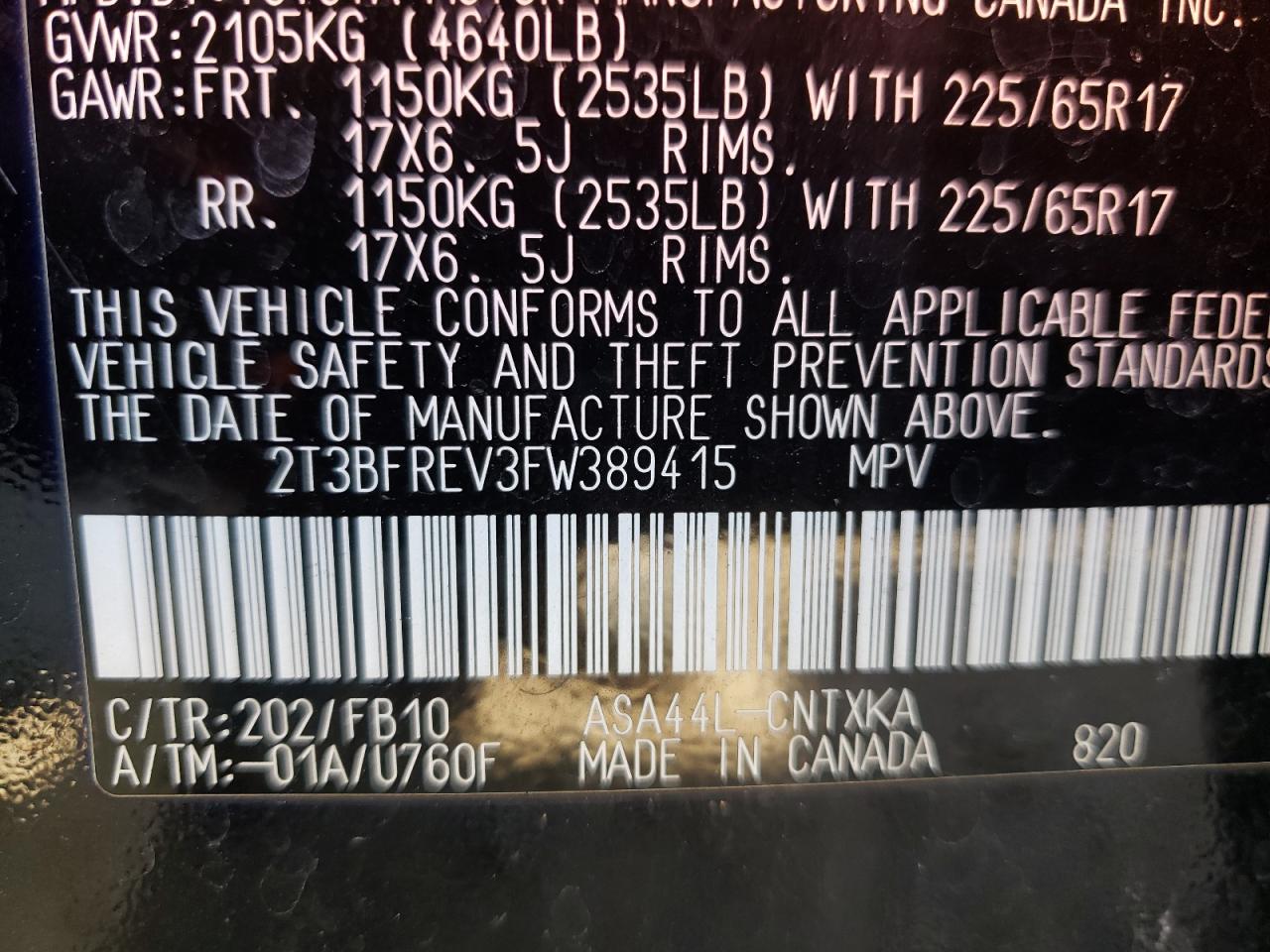 Photo 10 from auction – 2015 TOYOTA RAV4 LE with VIN 2T3BFREV3FW389415