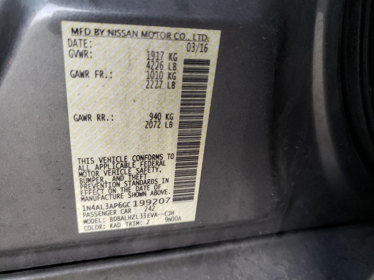 Photo 10 from auction – 2016 NISSAN ALTIMA 2.5 with VIN 1N4AL3AP6GC199207
