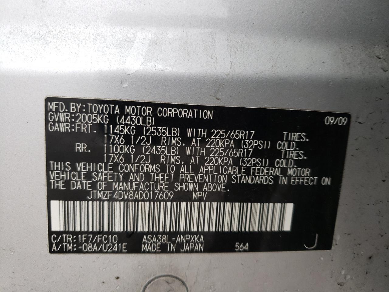 Photo 10 from auction – 2010 TOYOTA RAV4 with VIN JTMZF4DV8AD017609
