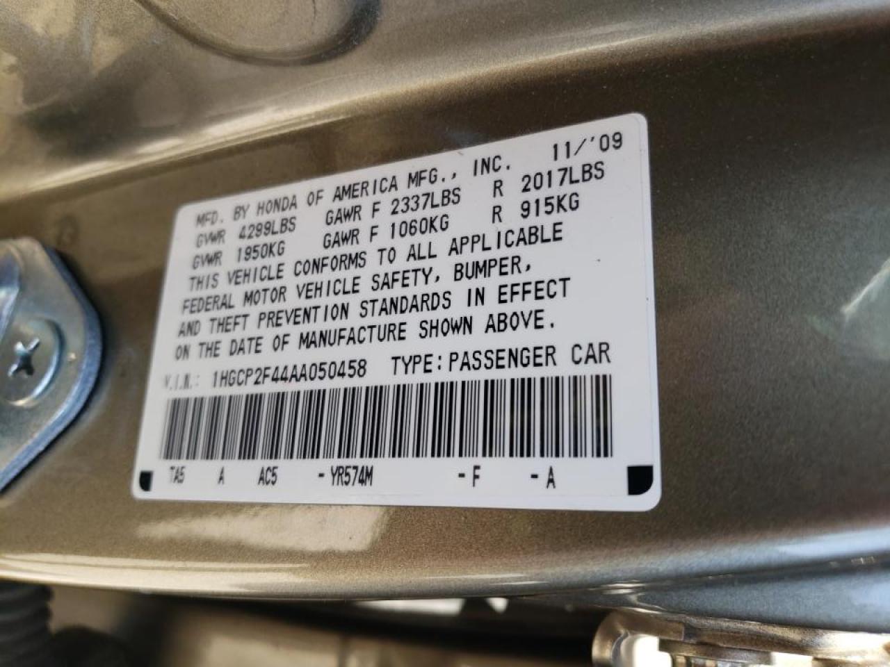 Photo 10 from auction – 2010 HONDA ACCORD LXP with VIN 1HGCP2F44AA050458