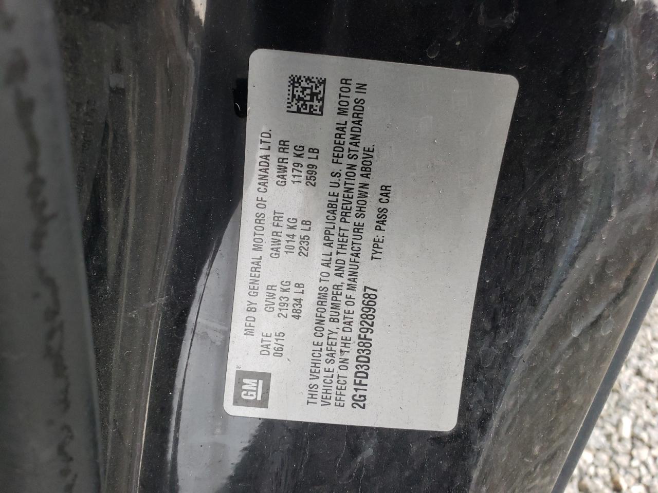 Photo 10 from auction – 2015 CHEVROLET CAMARO LT with VIN 2G1FD3D38F9289687