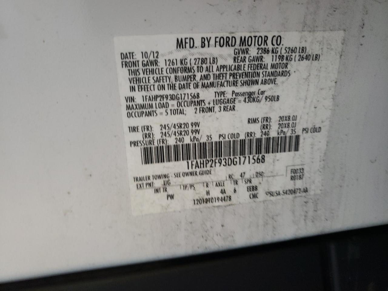Photo 10 from auction – 2013 FORD TAURUS LIM with VIN 1FAHP2F93DG171568