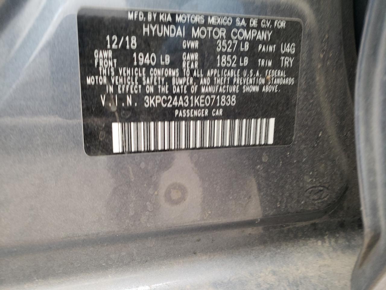 Photo 10 from auction – 2019 HYUNDAI ACCENT SE with VIN 3KPC24A31KE071838