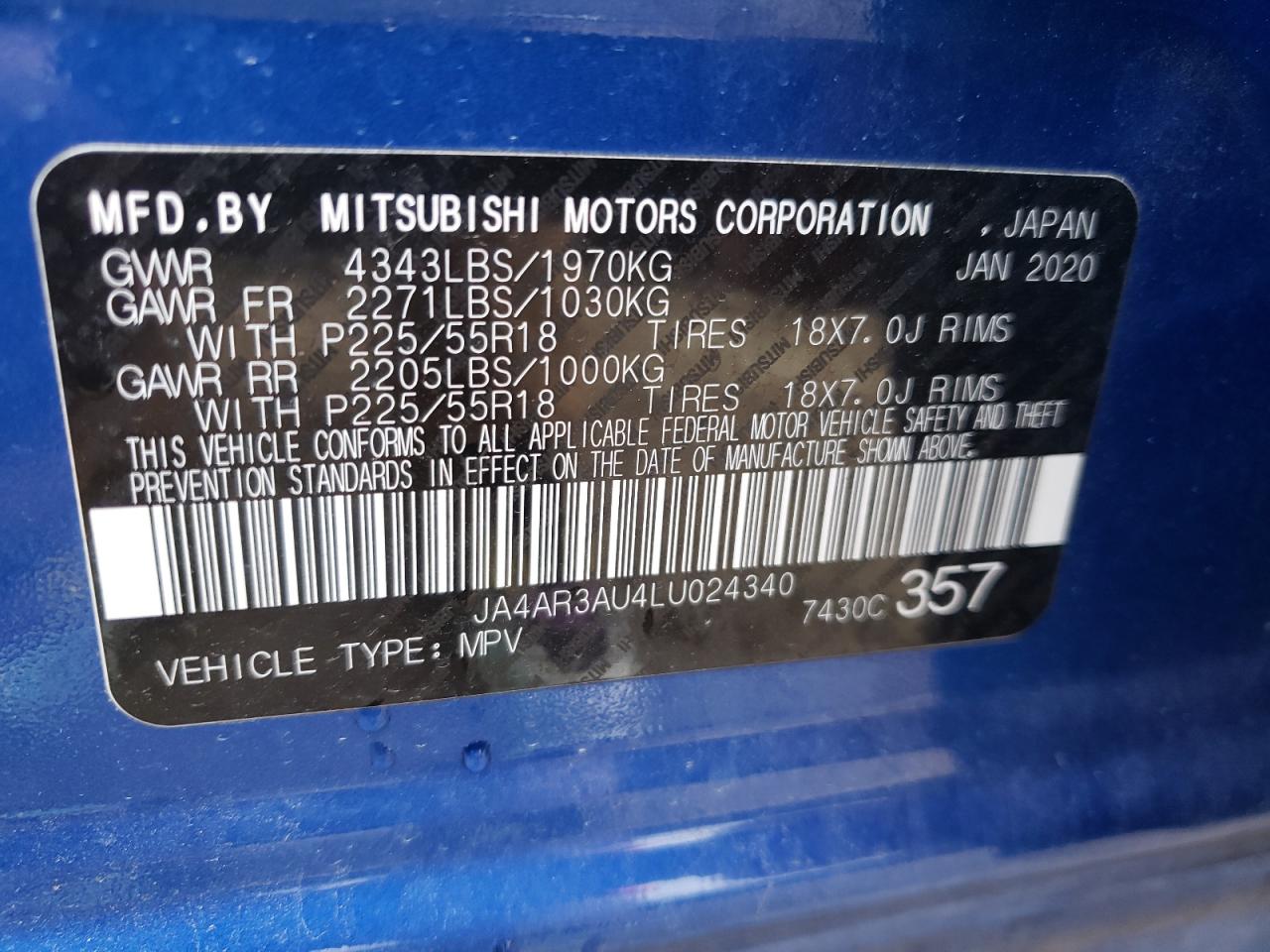 Photo 10 from auction – 2020 MITSUBISHI OUTLANDER with VIN JA4AR3AU4LU024340