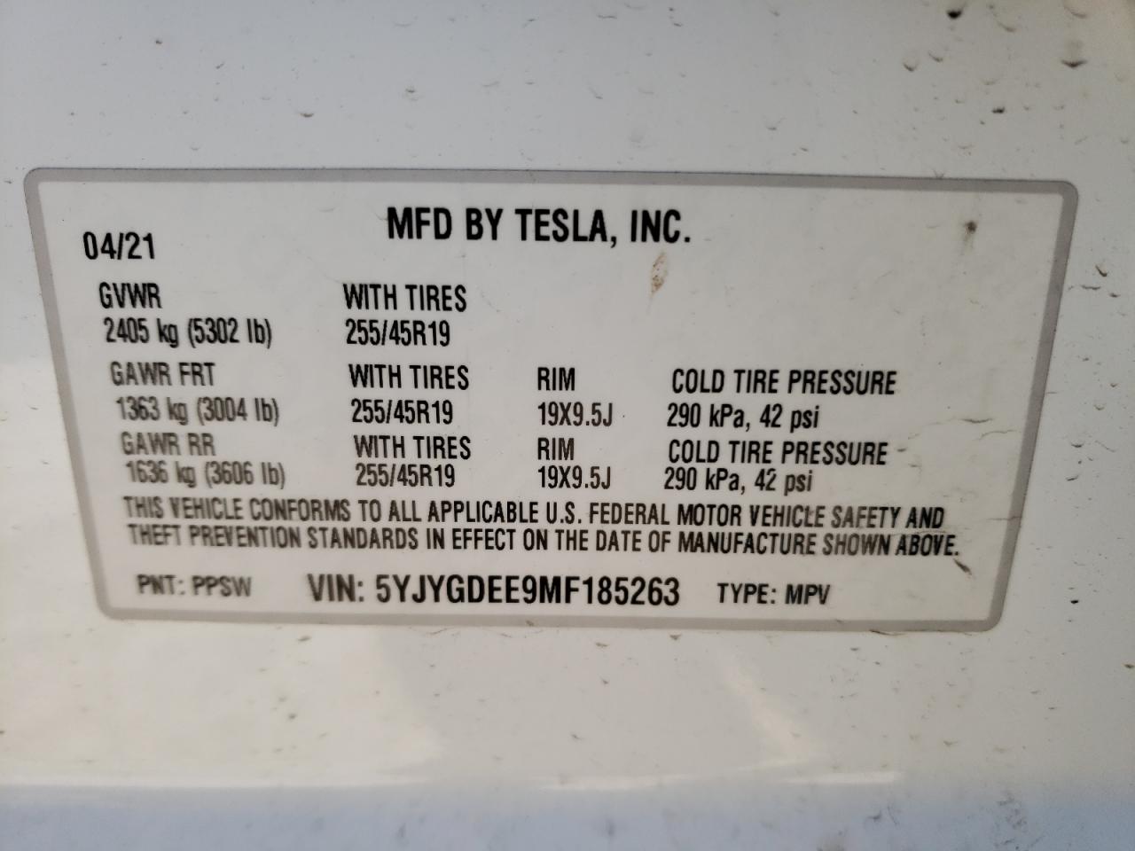 Photo 10 from auction – 2021 TESLA MODEL Y with VIN 5YJYGDEE9MF185263