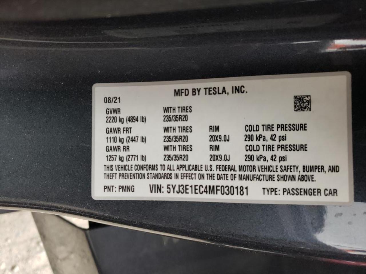 Photo 10 from auction – 2021 TESLA MODEL 3 with VIN 5YJ3E1EC4MF030181