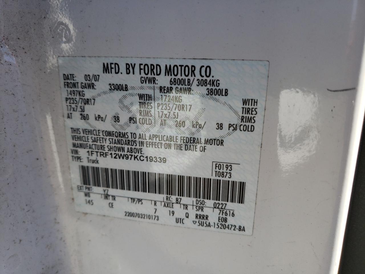 Photo 10 from auction – 2007 FORD F150 with VIN 1FTRF12W97KC19339
