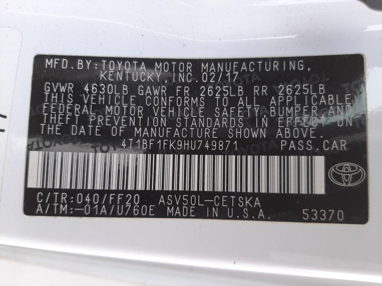Photo 10 from auction – 2017 TOYOTA CAMRY LE with VIN 4T1BF1FK9HU749871