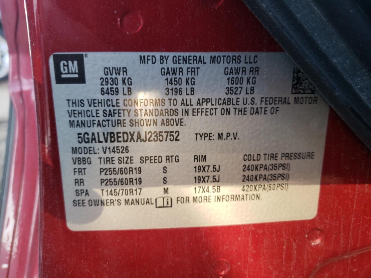 Photo 10 from auction – 2010 BUICK ENCLAVE CX with VIN 5GALVBEDXAJ235752