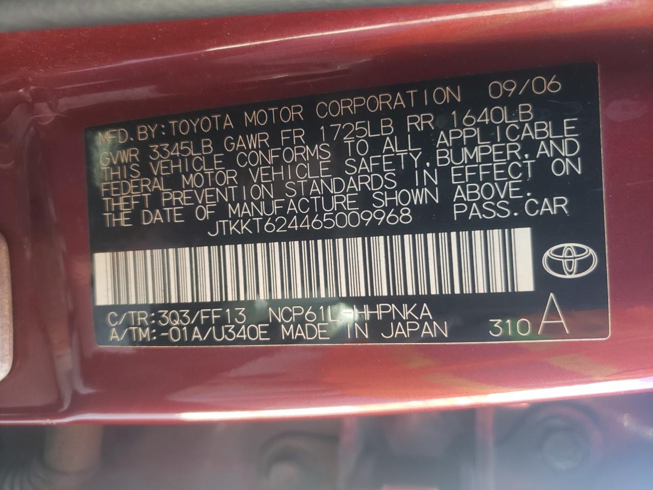 Photo 10 from auction – 2006 TOYOTA SCION XA with VIN JTKKT624465009968