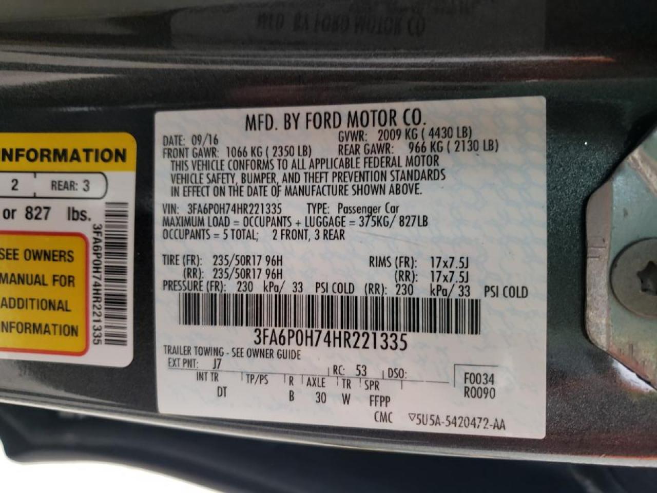Photo 10 from auction – 2017 FORD FUSION SE with VIN 3FA6P0H74HR221335