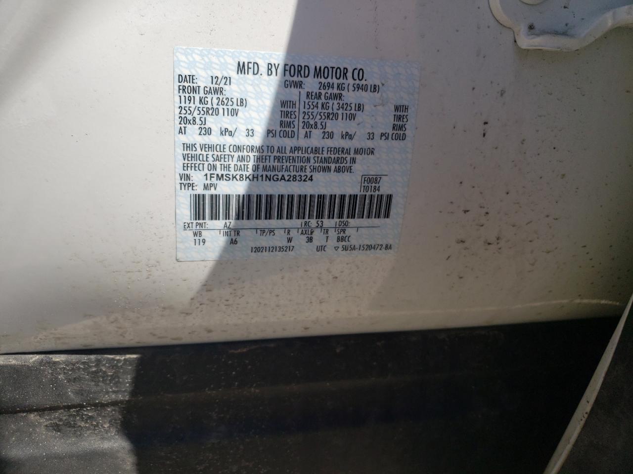 Photo 10 from auction – 2022 FORD EXPLORER S with VIN 1FMSK8KH1NGA28324