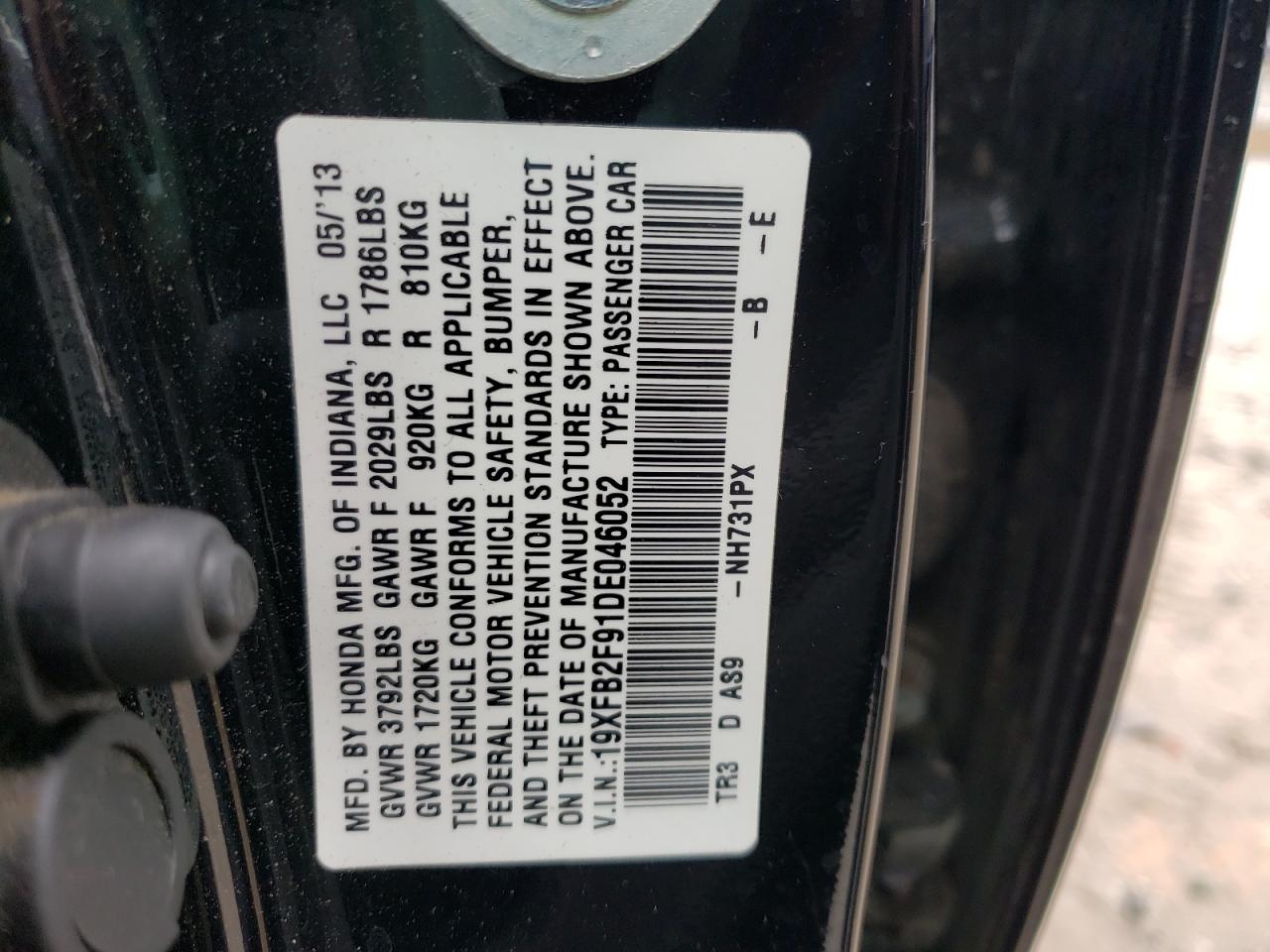 Photo 10 from auction – 2013 HONDA CIVIC EXL with VIN 19XFB2F91DE046052