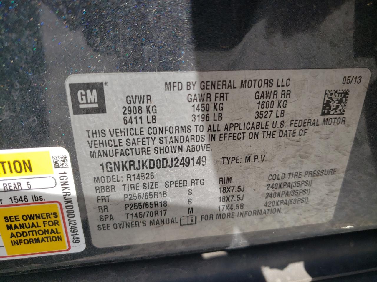 Photo 10 from auction – 2013 CHEVROLET TRAVERSE L with VIN 1GNKRJKD0DJ249149