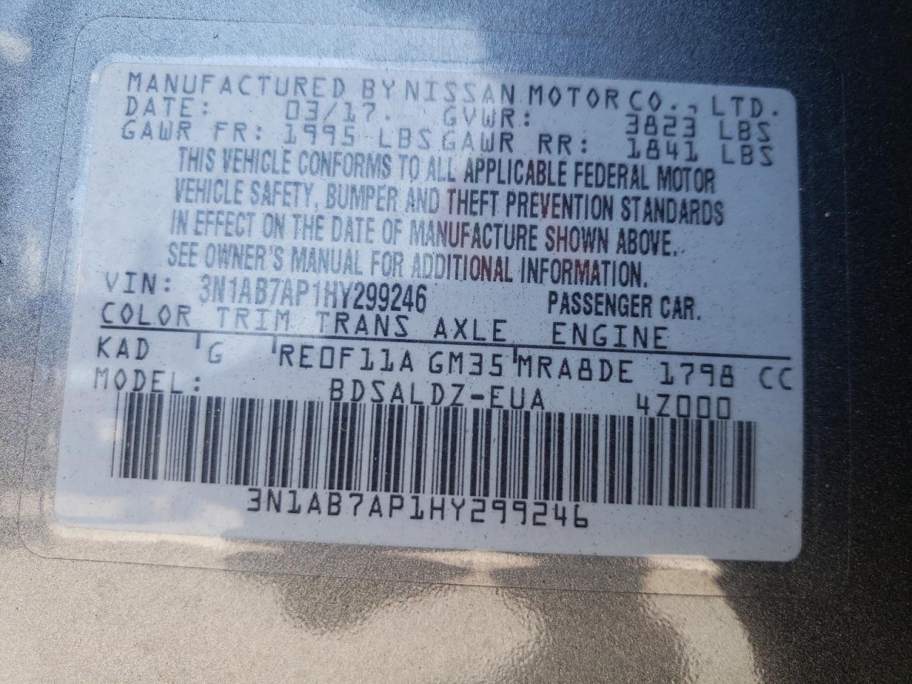 Photo 10 from auction – 2017 NISSAN SENTRA S with VIN 3N1AB7AP1HY299246