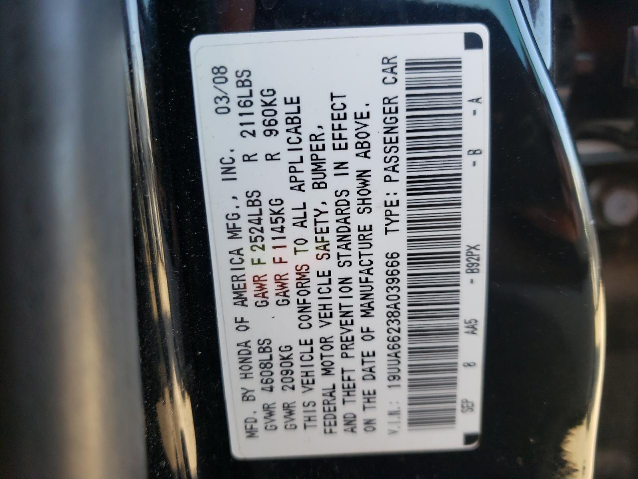 Photo 10 from auction – 2008 ACURA TL with VIN 19UUA66238A039666