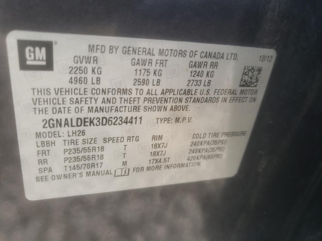 Photo 10 from auction – 2013 CHEVROLET EQUINOX LT with VIN 2GNALDEK3D6234411
