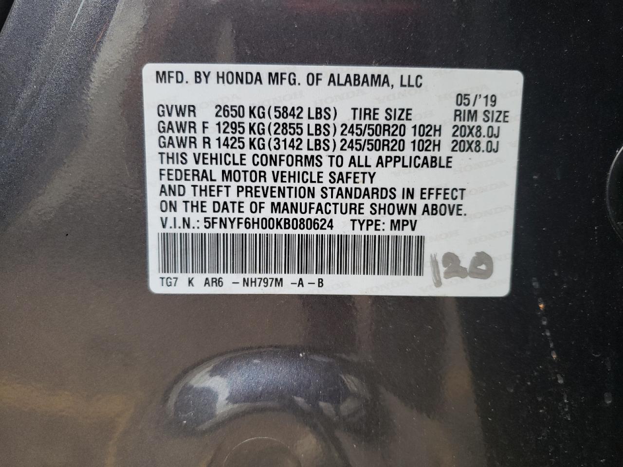 Photo 10 from auction – 2019 HONDA PILOT ELIT with VIN 5FNYF6H00KB080624