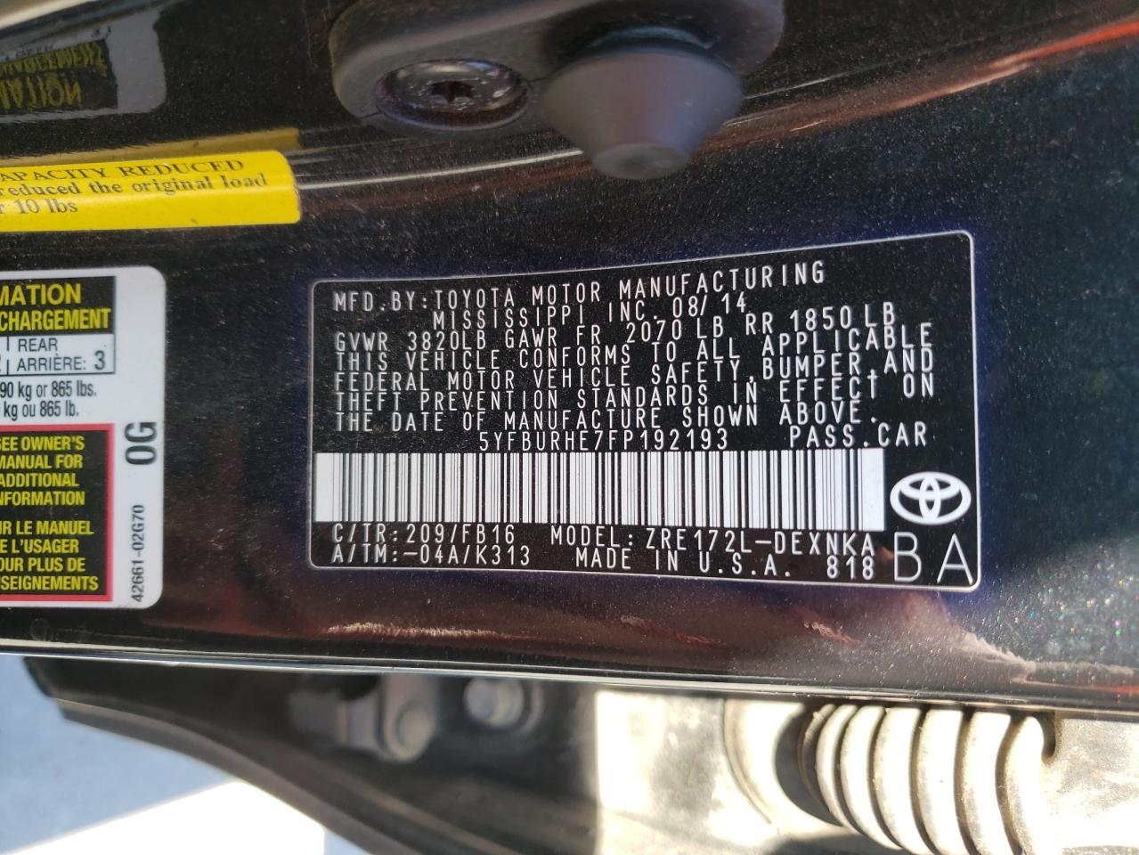Photo 10 from auction – 2015 TOYOTA COROLLA L with VIN 5YFBURHE7FP192193
