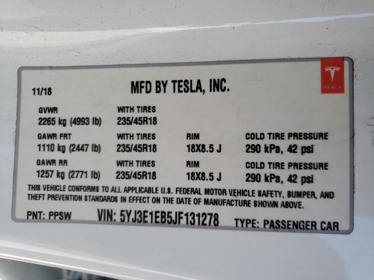 Photo 10 from auction – 2018 TESLA MODEL 3 with VIN 5YJ3E1EB5JF131278