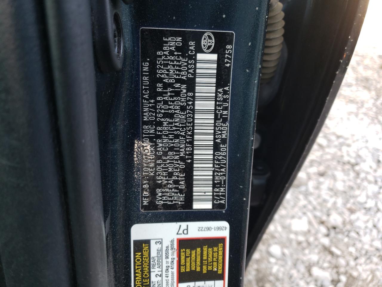 Photo 10 from auction – 2014 TOYOTA CAMRY L with VIN 4T1BF1FK5EU375478