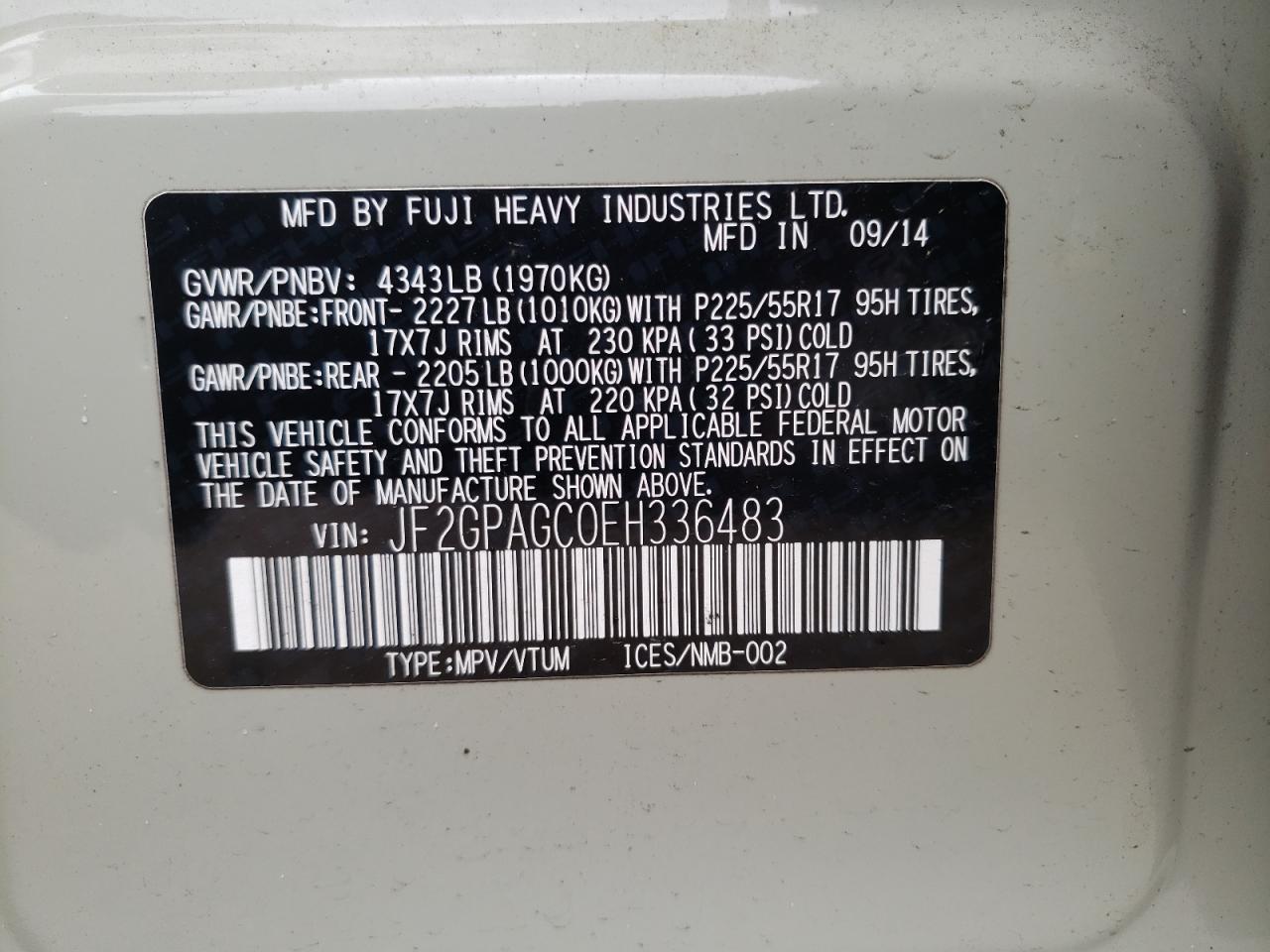 Photo 10 from auction – 2014 SUBARU XV CROSSTR with VIN JF2GPAGC0EH336483