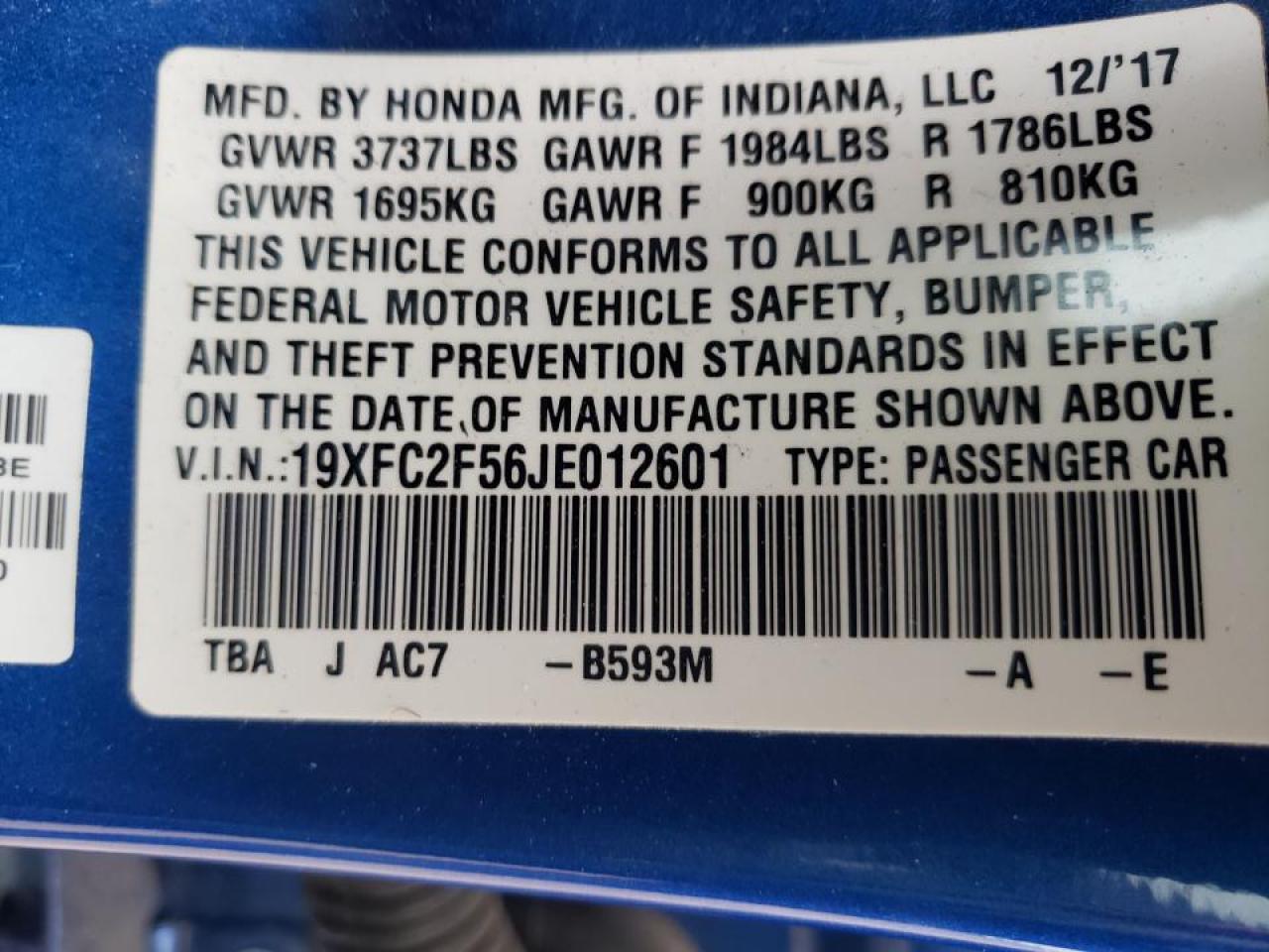 Photo 10 from auction – 2018 HONDA CIVIC LX with VIN 19XFC2F56JE012601
