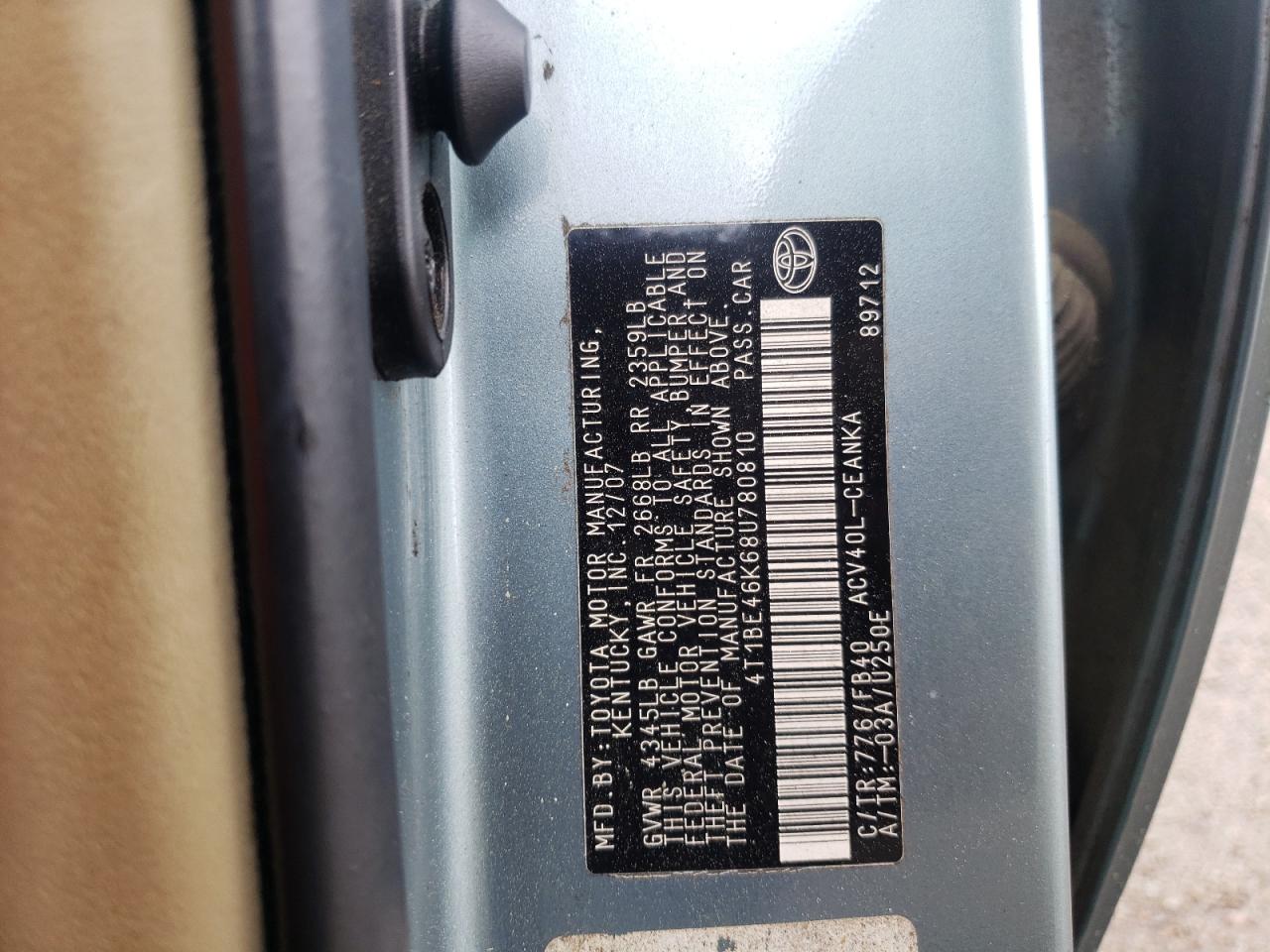 Photo 10 from auction – 2008 TOYOTA CAMRY CE with VIN 4T1BE46K68U780810