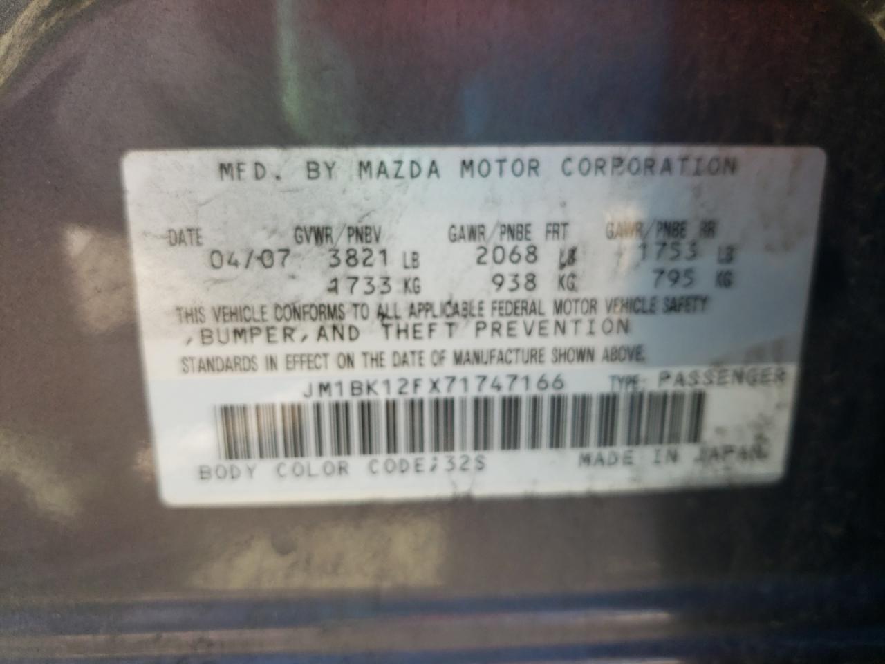 Photo 10 from auction – 2007 MAZDA 3 I with VIN JM1BK12FX71747166