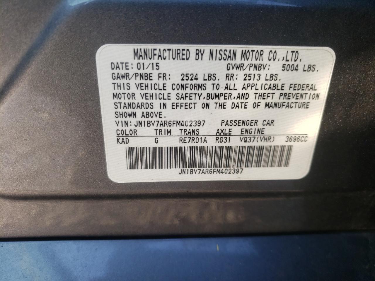Photo 10 from auction – 2015 INFINITI Q50 BASE with VIN JN1BV7AR6FM402397