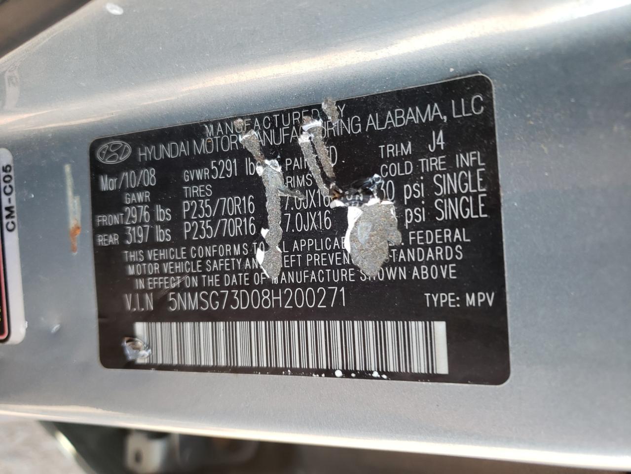 Photo 10 from auction – 2008 HYUNDAI SANTA FE G with VIN 5NMSG73D08H200271