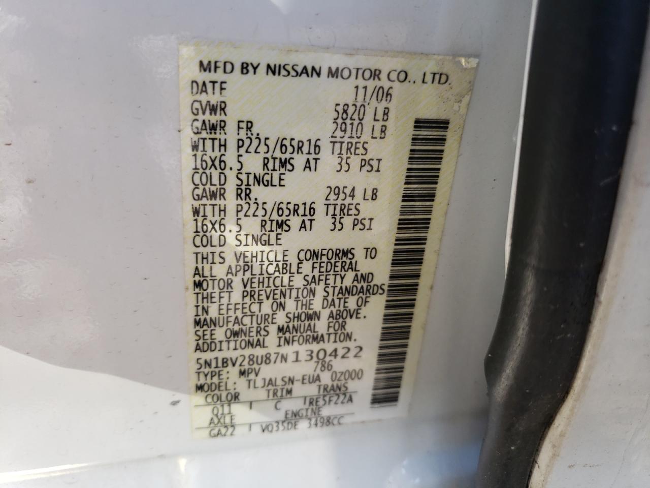 Photo 10 from auction – 2007 NISSAN QUEST S with VIN 5N1BV28U87N130422