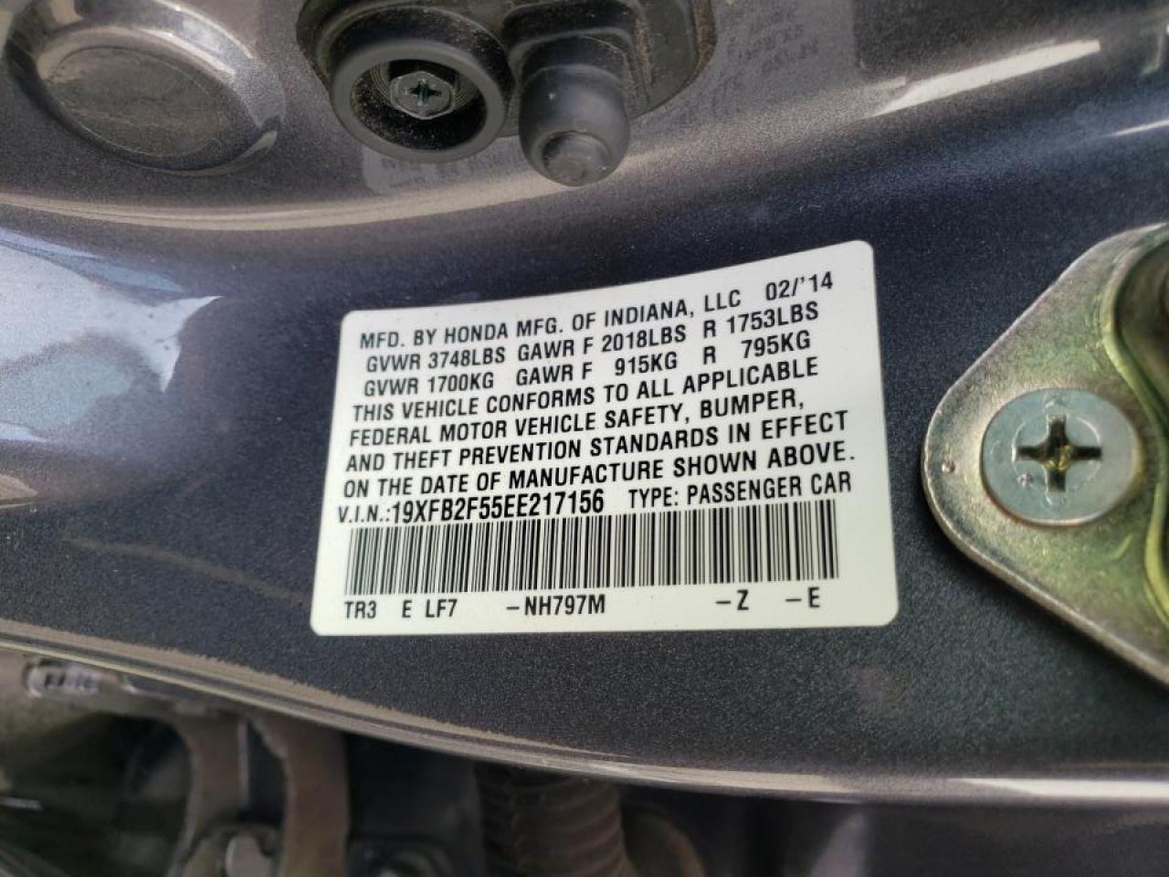 Photo 10 from auction – 2014 HONDA CIVIC LX with VIN 19XFB2F55EE217156
