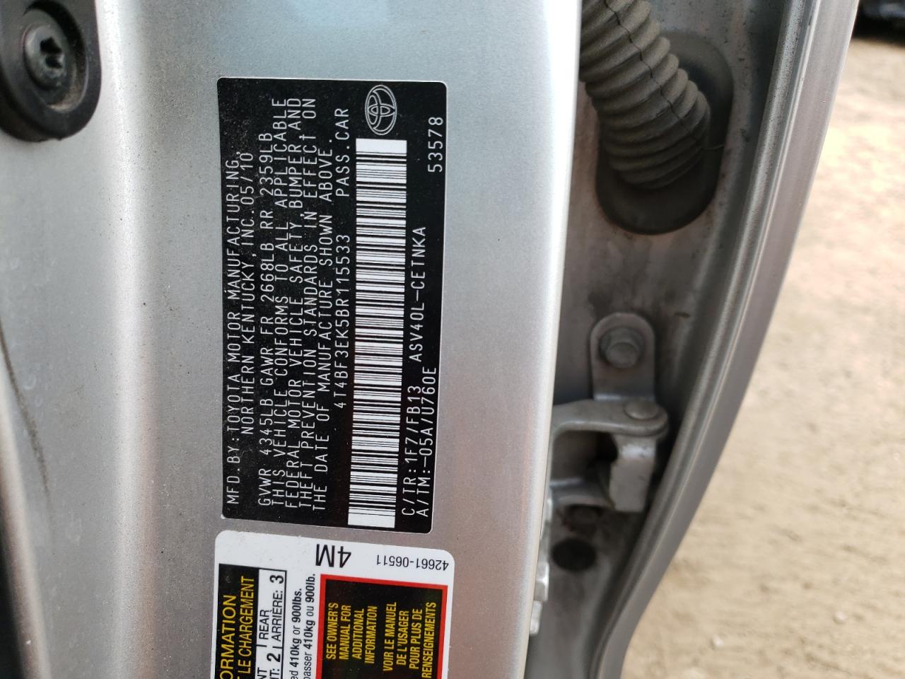 Фото 10 с аукциона – 2011 TOYOTA CAMRY BASE с VIN 4T4BF3EK5BR115533