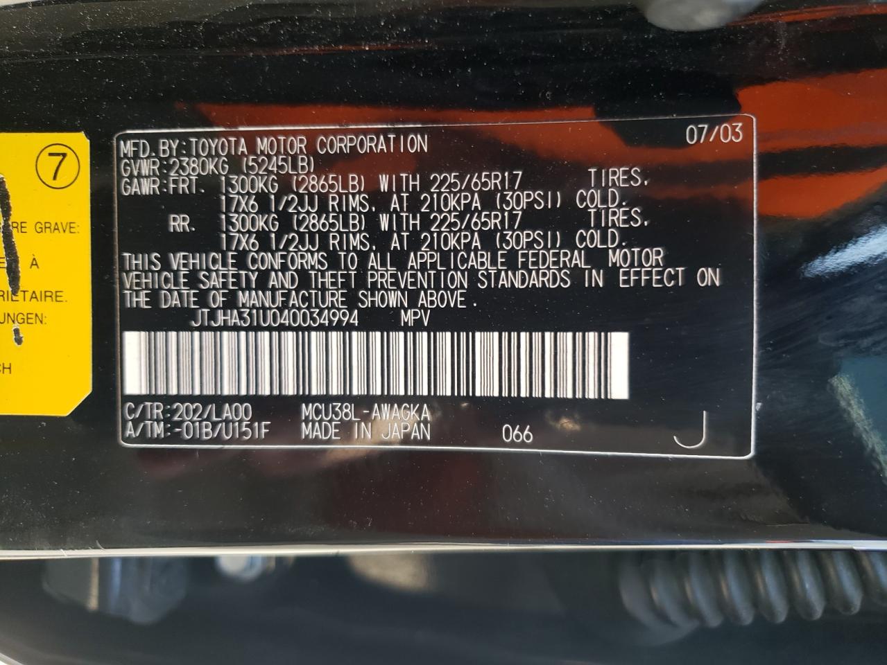 Photo 10 from auction – 2004 LEXUS RX 330 with VIN JTJHA31U040034994