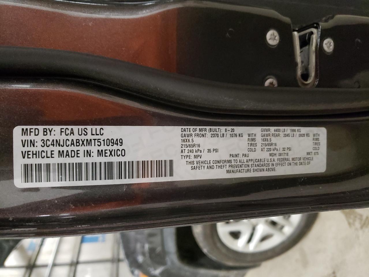 Photo 10 from auction – 2021 JEEP COMPASS SP with VIN 3C4NJCABXMT510949