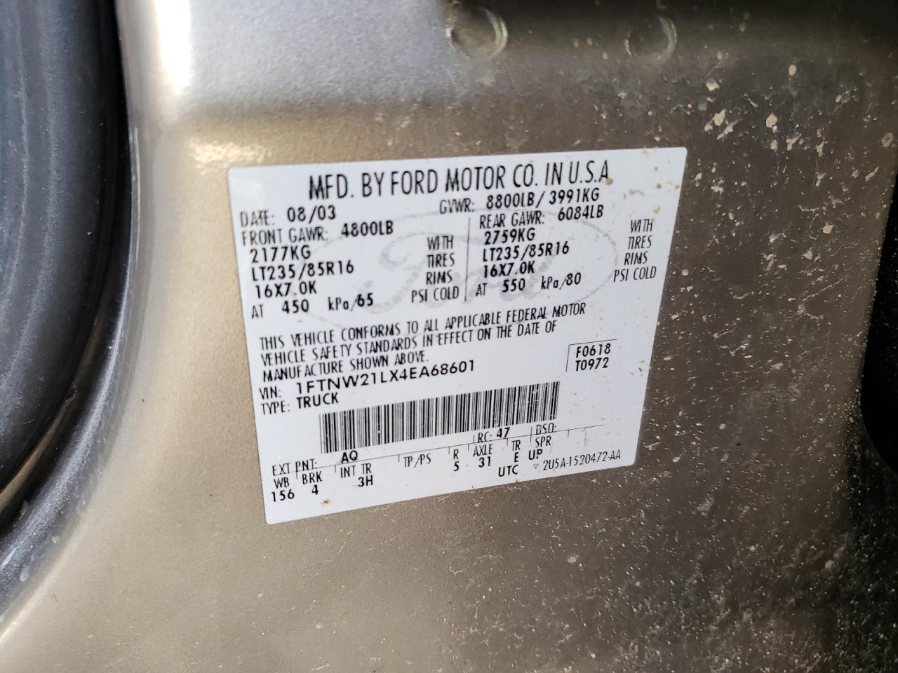Photo 10 from auction – 2004 FORD F250 SUPER with VIN 1FTNW21LX4EA68601