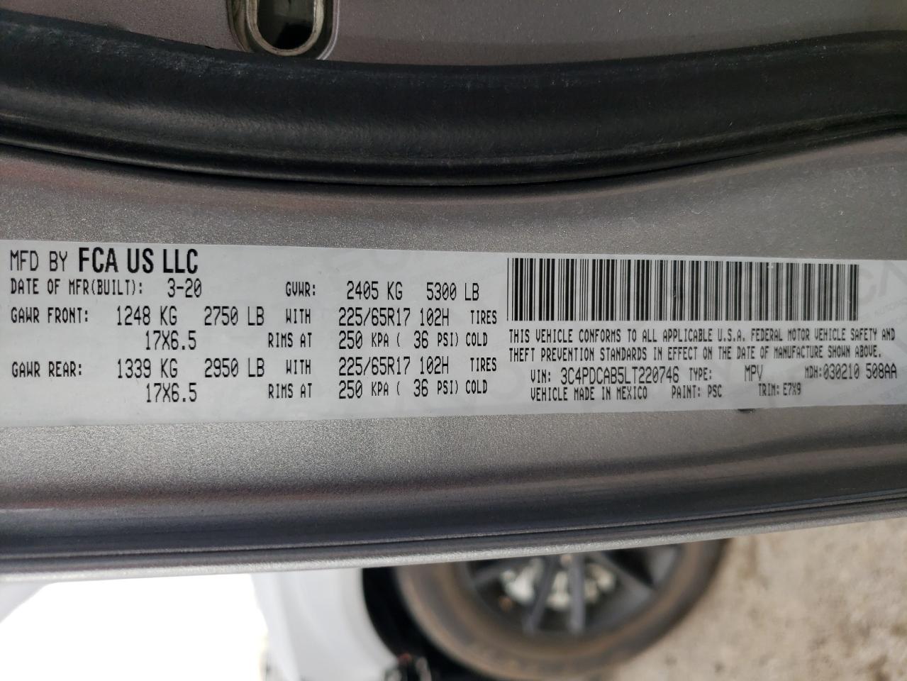 Photo 10 from auction – 2020 DODGE JOURNEY SE with VIN 3C4PDCAB5LT220746