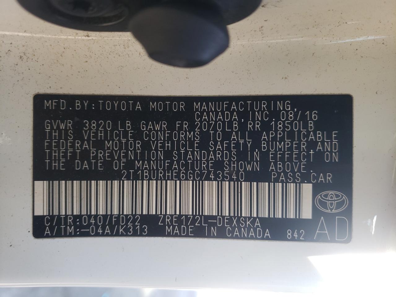 Photo 10 from auction – 2016 TOYOTA COROLLA L with VIN 2T1BURHE6GC743540