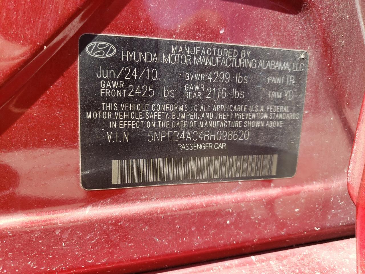 Photo 10 from auction – 2011 HYUNDAI SONATA GLS with VIN 5NPEB4AC4BH098620
