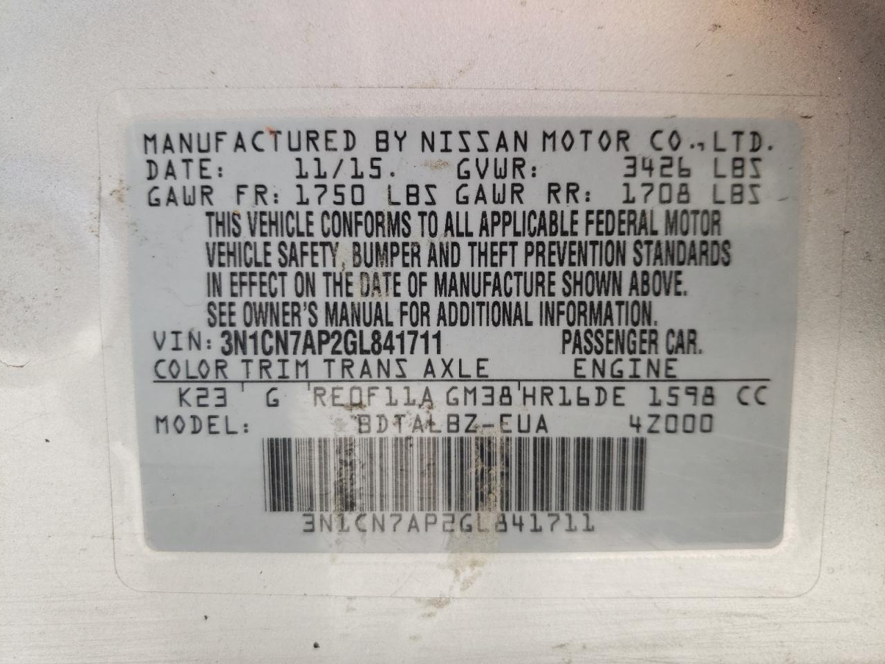 Photo 10 from auction – 2016 NISSAN VERSA S with VIN 3N1CN7AP2GL841711