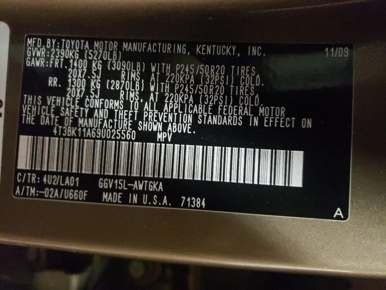 Photo 10 from auction – 2009 TOYOTA VENZA with VIN 4T3BK11A69U025560