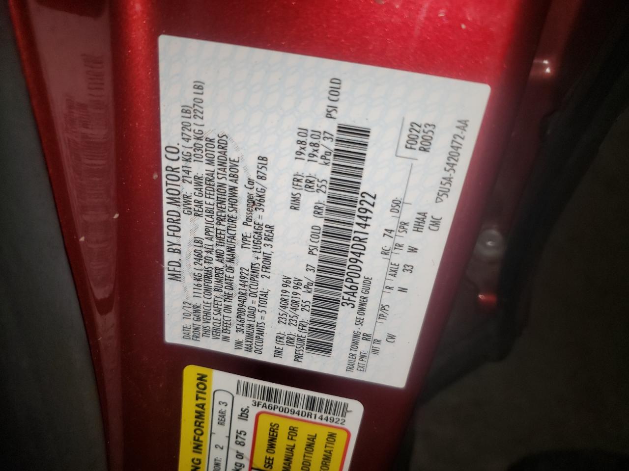 Photo 10 from auction – 2013 FORD FUSION TIT with VIN 3FA6P0D94DR144922