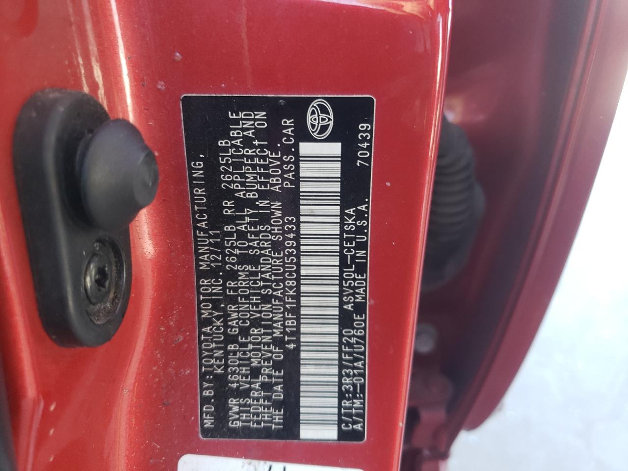 Photo 10 from auction – 2012 TOYOTA CAMRY BASE with VIN 4T1BF1FK8CU539433